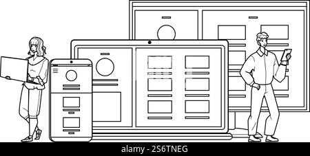 Adaptive Interface Developing Programmers Black Line Pencil Drawing Vector. Young Man And Woman Designers And Developers Making Adaptive Interface For Web Site. Characters Programming Internet Website. Adaptive Interface Developing Programmers Vector Stock Vector