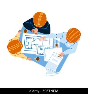 Engineers Researching Construction Plan Vector. Men Engineers Research Building Blueprint And Drinking Coffee Together. Characters Engineering Work And Process Flat Cartoon Illustration. Engineers Researching Construction Plan Vector Stock Vector