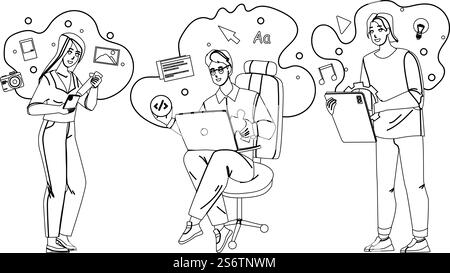 User Generated Content Ugc Workers Business Black Line Pencil Drawing Vector. Man And Woman Advertising Organization Of Site And Web Management Application Ugc Professional Occupation. Characters. User Generated Content Ugc Workers Business Vector Stock Vector