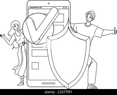 User Security Technology For Safe Info Black Line Pencil Drawing Vector. Happy Man And Woman Gesturing Ok And Approving User Security And Protective System. Characters Protection Digital Information. User Security Technology For Safe Info Vector Stock Vector