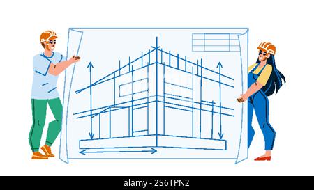 Architectural Project Develop Engineers Vector. Man And Woman Drawing And Developing Building Construction On Paper List And Presenting Architectural Project. Characters Flat Cartoon Illustration. Architectural Project Develop Engineers Vector Stock Vector