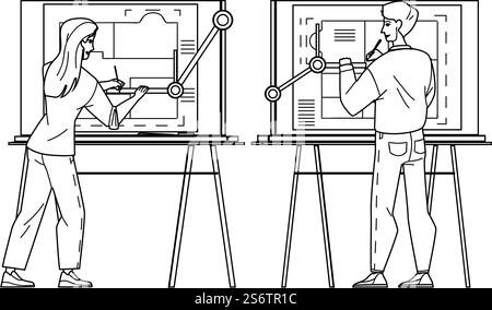 Architect Man And Woman Drawing On Board Black Line Pencil Drawing Vector. Architect Workers Draw Apartment Or House Construction Plan. Characters Developing Building On Paper List Illustration. Architect Man And Woman Drawing On Board Vector Stock Vector