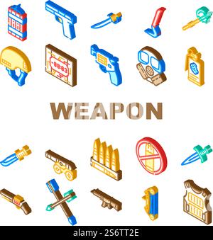 Weapon Military Army Equipment Icons Set Vector. Bow And Arrow For Aiming, Revolver And Handgun, Rifle Gun Weapon, Bullet Helmet. Knife Sword, Grenade And Dynamite Isometric Sign Color Illustrations. Weapon Military Army Equipment Icons Set Vector Stock Vector