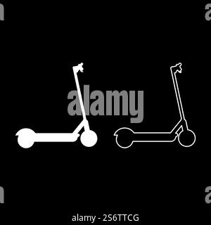 Scooter electric modern technology kick eco transport for city trotinette set icon white color vector illustration image simple solid fill outline contour line thin flat style. Scooter electric modern technology kick eco transport for city trotinette set icon white color vector illustration image solid fill outline contour line thin flat style Stock Vector