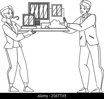 Architectural Model Presenting Architects Black Line Pencil Drawing Vector. Building Architectural Model Showing Man And Woman Workers. Characters Show House Construction Mockup Together Illustration. Architectural Model Presenting Architects Vector Stock Vector