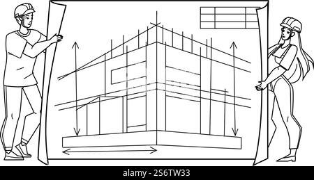 Architectural Project Develop Engineers Black Line Pencil Drawing Vector. Man And Woman Drawing And Developing Building Construction On Paper List And Presenting Architectural Project. Characters. Architectural Project Develop Engineers Vector Stock Vector