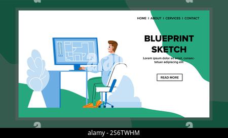 Blueprint Sketch Developing Architect Man Vector. Blueprint Sketch Develop Architectural Worker On Computer Screen, Digital Software For Create Building Plan. Character Web Flat Cartoon Illustration. Blueprint Sketch Developing Architect Man Vector Stock Vector