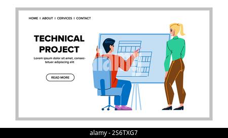 Technical Project Developing Colleagues Vector. Technical Project Develop Architect Workers Couple Together. Characters Man And Woman Create Construction Web Flat Cartoon Illustration. Technical Project Developing Colleagues Vector Stock Vector