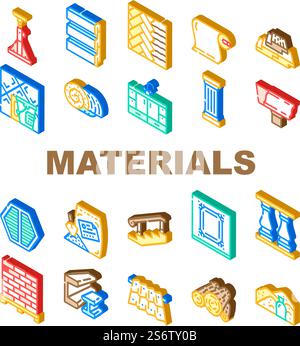 Building Materials And Supplies Icons Set Vector. Brick And Sand, Lumber And Plywood, Flooring And Roof Building Materials Line. Kitchen And Bath Cabinets Furniture Isometric Sign Color Illustrations. Building Materials And Supplies Icons Set Vector Stock Vector