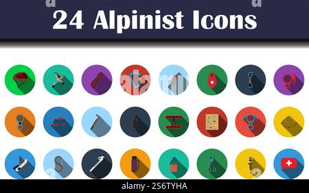 Alpinist Icon Set. Flat Design With Long Shadow. Vector illustration. Stock Vector