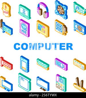 Computer Accessories And Parts Icons Set Vector. Computer Mouse And Keyboard, Video And Audio Card, Hdd And Ssd Electronic Disk, Ram And Cpu Motherboard Component Isometric Sign Color Illustrations. Computer Accessories And Parts Icons Set Vector Stock Vector