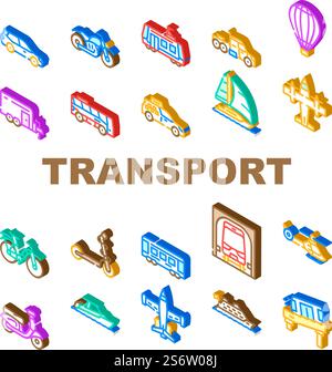 Transport Vehicle And Flying Icons Set Vector. Balloon And Aircraft Fly Transport, Car And Taxi, Bus And Underground, Helicopter And Tramway, Boat And Cruise Liner Isometric Sign Color Illustrations. Transport Vehicle And Flying Icons Set Vector Stock Vector