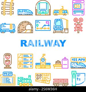 Railway Train Transportation Icons Set Vector. Pointer Direction And Ticket Dispenser, X-ray Electronic Equipment For Scan Traveler Baggage And Turnstile Railway Station Equipment Color Illustrations. Railway Train Transportation Icons Set Vector Stock Vector