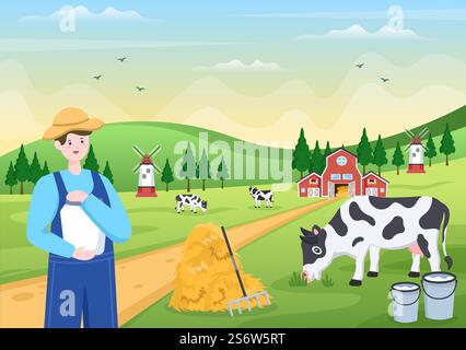 Farmers are Milking Cows to Produce or Obtain Milk with Views of Green Meadows or on Farms in an Illustration Flat Style Stock Vector