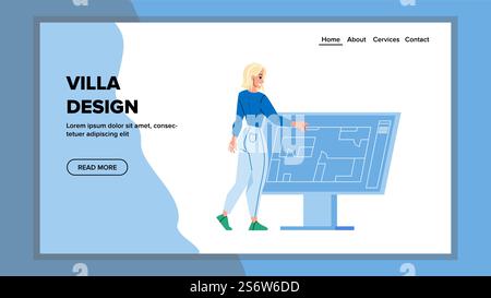 Villa Design Developing Architect Woman Vector. Villa Design And Plan Businesswoman Artist Drawing In Computer Software. Character Designer Occupation Web Flat Cartoon Illustration. Villa Design Developing Architect Woman Vector Stock Vector