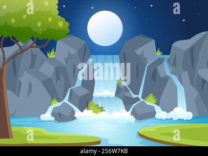 Waterfall Jungle Landscape of Tropical Natural Scenery with Cascade of Rocks, River Streams or Rocky Cliff in Flat Background Vector Illustration Stock Vector