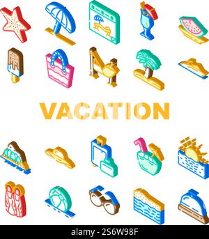 Summer Vacation Enjoying Traveler Icons Set Vector. Hammock And Umbrella For Resting Summer Vacation, Exotic Cocktail And Tropic Fruit Food For Enjoy On Sandy Beach Isometric Sign Color Illustrations. Summer Vacation Enjoying Traveler Icons Set Vector Stock Vector