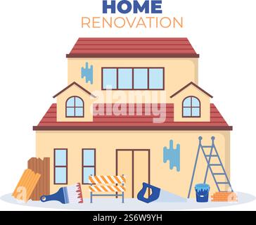 Home Renovation or Repair with Construction Tools, Laying Floor Tiles and Painting Wall to Good Decoration Condition in Flat Background Illustration Stock Vector