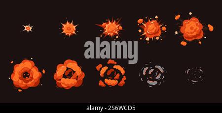 Explosion animation. Cartoon explosions, smoke disappear. Atomic blast frames, danger bang effect. Comic bomb boom recent vector step by step illustration. Animation flash explosion. Explosion animation. Cartoon explosions, smoke disappear. Atomic blast frames, danger bang effect. Comic bomb boom recent vector step by step illustration Stock Vector