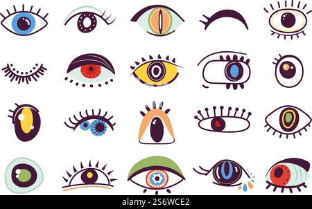 Hand drawn abstract eyes. Girly eye, ink drawing faces elements. Doodle style symbols, isolated modern decoration graphic, decent vector set. Illustration of girly graphic eye collection. Hand drawn abstract eyes. Girly eye, ink drawing faces elements. Doodle style symbols, isolated modern decoration graphic, decent vector set Stock Vector