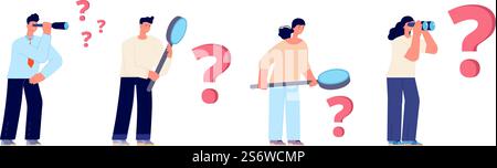 People look at large question mark. Finding solution, looking in magnifying glass or binocular. Cartoon flat business characters vector set. Illustration of solution in business, people finding. People look at large question mark. Finding solution, looking in magnifying glass or binocular. Cartoon flat business characters vector set Stock Vector
