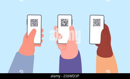Personal qr identification. Hands holding phones with QR-codes on screen. Barcodes for people, id information about vaccination vector concept. Illustration of identification smartphone code. Personal qr identification. Hands holding phones with QR-codes on screen. Barcodes for people, id information about vaccination vector concept Stock Vector