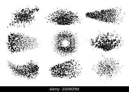 Particles burst. Shatter shapes, destructive triangles particle. Black geometrica explosion, abstract exploding fragments. Digital recent vector elements. Illustration of geometric particle explosion. Particles burst. Shatter shapes, destructive triangles particle. Black geometrica explosion, abstract exploding fragments. Digital recent vector elements Stock Vector