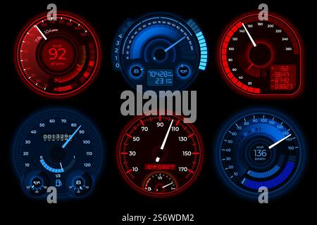 Speedometer. Auto speedometers, car boost dashboard. Isolated circle automobile or motorbike power. Speed control panels recent vector set. Illustration of speedometer vehicle, dashboard velocity. Speedometer. Auto speedometers, car boost dashboard. Isolated circle automobile or motorbike power. Speed control panels recent vector set Stock Vector