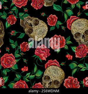Skull roses seamless pattern. Clothing prints, skulls and flowers on dark background. Gothic, rock vintage template. Dead day nowaday vector design. Illustration of fabric skull and red rose. Skull roses seamless pattern. Clothing prints, skulls and flowers on dark background. Gothic, rock vintage template. Dead day nowaday vector design Stock Vector