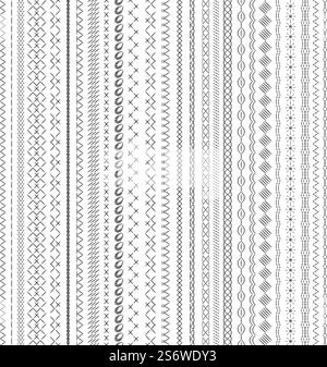 Sewing seams. Embroidery stripe, geometric stitched lines. Sew stitch or seam, seamless fabric borders. Isolated decorative cross embroidered, nowaday vector. Illustration of edge border brush. Sewing seams. Embroidery stripe, geometric stitched lines. Sew stitch or seam, seamless fabric borders. Isolated decorative cross embroidered, nowaday vector elements Stock Vector
