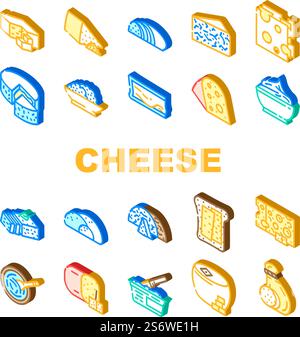 Cheese Dairy Delicious Nutrition Icons Set Vector. Cheddar And Mozzarella, Blue Cheese And Feta, Gouda Camembert, Swiss Mascarpone Milky Eatery Food. Tasty Nutrient Isometric Sign Color Illustrations. Cheese Dairy Delicious Nutrition Icons Set Vector Stock Vector