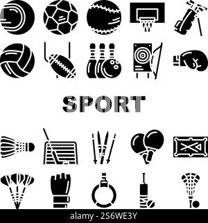 Sport Game Sportsman Activity Icons Set Vector. Rugby American Football And Soccer, Golf Cricket, Baseball Tennis, Basketball Volleyball Sport. Sportive Equipment Glyph Pictograms Black Illustration. Sport Game Sportsman Activity Icons Set Vector Stock Vector
