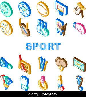 Sport Game Sportsman Activity Icons Set Vector. Rugby American Football And Soccer, Golf Cricket, Baseball Tennis, Basketball Volleyball Sport. Sportive Equipment Isometric Sign Color Illustrations. Sport Game Sportsman Activity Icons Set Vector Stock Vector