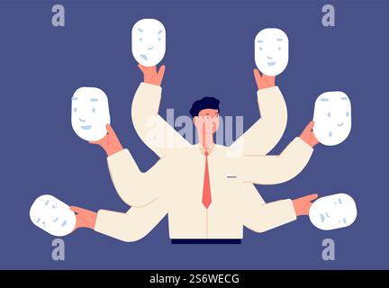Fake businessman faces. Different mood, liar in business. Office manager choose moods and hold masks in hands, vector illustration. Businessman in mask expression collection. Fake businessman faces. Different mood, liar in business. Office manager choose moods and hold masks in hands, vector illustration Stock Vector
