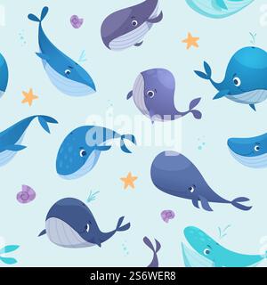 Whales pattern. Textile template pictures with underwater wild animals big blue whales exact vector seamless background in cartoon style. Illustration of underwater whale, animal sea. Whales pattern. Textile template pictures with underwater wild animals big blue whales exact vector seamless background in cartoon style Stock Vector