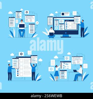 Programmers characters. People web designers developers ui layout production codding script writers computer engineers working at laptop or pc recent vector flat pictures. Ui programmer illustration. Programmers characters. People web designers developers ui layout production codding script writers computer engineers working at laptop or pc recent vector flat concept pictures Stock Vector