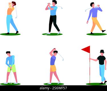 Golf players. Sport characters golf premium activities recreation persons flag white ball garish vector people in flat style. Illustration of golfer character with ball, competition or recreation. Golf players. Sport characters golf premium activities recreation persons flag white ball garish vector people in flat style Stock Vector