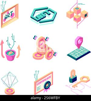 Nft. Innovation secure digital safety systems crypto art electronic paints garish vector illustrations in isometric style. Coin pay and blockchain, decentralized and collectibles. Nft. Innovation secure digital safety systems crypto art electronic paints garish vector illustrations in isometric style Stock Vector