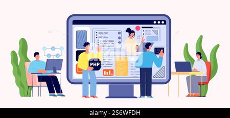 Web developers and users. Programmers create site page and design. Man and woman using internet services. Cloud workers, technology progress vector metaphor. Illustration of web development team. Web developers and users. Programmers create site page and design. Man and woman using internet services. Cloud workers, technology progress vector metaphor Stock Vector