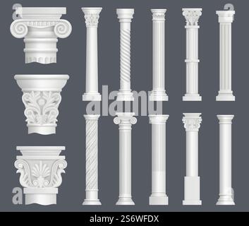 Antique columns. Vintage ancient facade decoration renaissance style ornamental pillars architectural interior objects decent vector realistic illustrations. Building antique and ancient pillar. Antique columns. Vintage ancient facade decoration renaissance style ornamental pillars architectural interior objects decent vector realistic illustrations Stock Vector