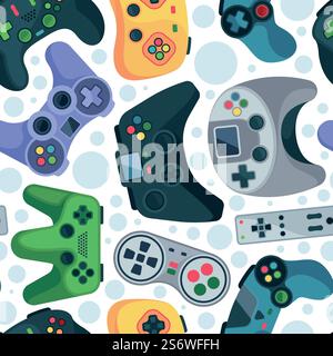 Gaming pattern. Video games gadgets console controllers smart devices garish vector seamless background for textile design projects. Illustration of joystick for video game pattern. Gaming pattern. Video games gadgets console controllers smart devices garish vector seamless background for textile design projects Stock Vector