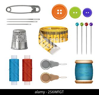 Sewing set. Realistic equipment fabric measure tape sewing set needles thread scissors for textile fashion clothes vector illustrations. Dressmaking and handmade tools realistic, hobby needlework. Sewing set. Realistic equipment fabric measure tape sewing set needles thread scissors for textile fashion clothes decent vector illustrations Stock Vector