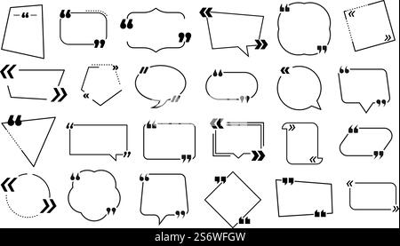 Quote text frames. Information bubbles, quotes note message or texting block. Black line info banner, creative quotation shapes vector set. Illustration of speech bubble for talk and comment. Quote text frames. Information bubbles, quotes note message or texting block. Black line info banner, creative quotation shapes vector set Stock Vector