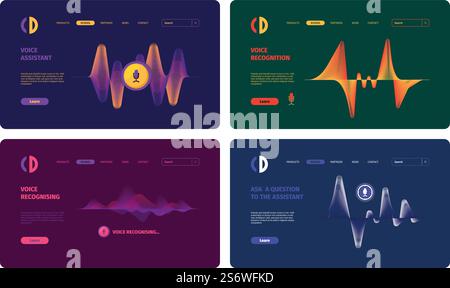 Audio assistant. Sound waves and microphones landing pages collection mobile digital voice screen visualization app vector collection. Illustration audio assistant and equalizer recognition voice. Audio assistant. Sound waves and microphones colored landing pages templates collection mobile digital voice screen visualization app garish vector designs collection Stock Vector