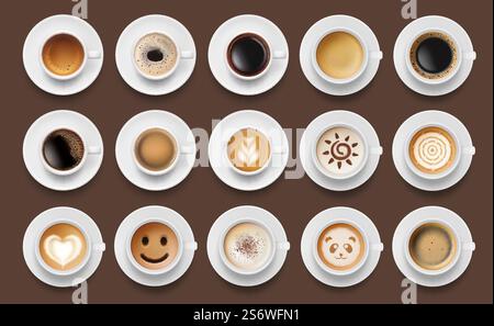 Coffee drinks. Espresso foam top view cappuccino americano different drinks decent vector isolated realistic illustrations set. Cappuccino and espresso, coffee drink cup, mocha and caffeine. Coffee drinks. Espresso foam top view cappuccino americano different drinks decent vector isolated realistic illustrations set Stock Vector