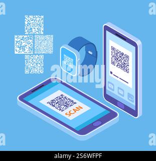 Personal QR code. Codes on smartphone and smartwatch. Isometric self digital identification gadget. Different barcodes, mobile phone and watch vector set. Illustration of qr code on smartphone to scan. Personal QR code. Codes on smartphone and smartwatch. Isometric self digital identification gadgets. Different barcodes, mobile phone and watch vector set Stock Vector
