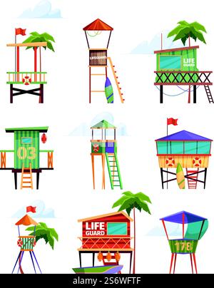 Modern beach buildings. Beach lifeguard towers on the seaside security station garish vector flat pictures set isolated. Illustration of summer lifeguard beach. Modern beach buildings. Beach lifeguard towers on the seaside security station garish vector flat pictures set isolated Stock Vector