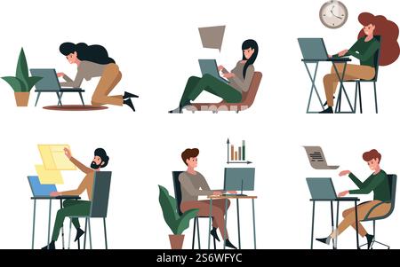 Computer programmers. Digital workers designers professional developers coders engineers computer geek garish vector flat characters isolated. Illustration of worker programmer at computer. Computer programmers. Digital workers designers professional developers coders engineers computer geek garish vector flat characters isolated Stock Vector