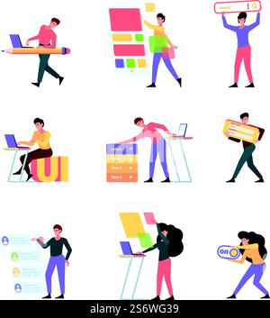 Designers interfaces. Web programmers and builders making ui holding frames of user interface creative workers professional artists vector flat pictures. Illustration of programmer and web designer. Designers interfaces. Web programmers and builders making ui holding frames of user interface creative workers professional artists garish vector flat pictures Stock Vector