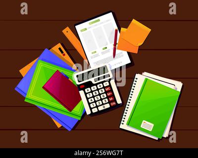 Business desk top view. Cover of books paper folder and other manager acessories pencil marketing design project vector illustrations background in flat style. Office business desk and workspace. Business desk top view. Cover of books paper folder and other manager acessories pencil marketing design project garish vector illustrations background in flat style Stock Vector
